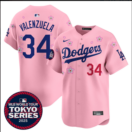 Men Los Angeles Dodgers #34 Valenzuela Tokyo Series 2025 pink Limited Stitched Jersey